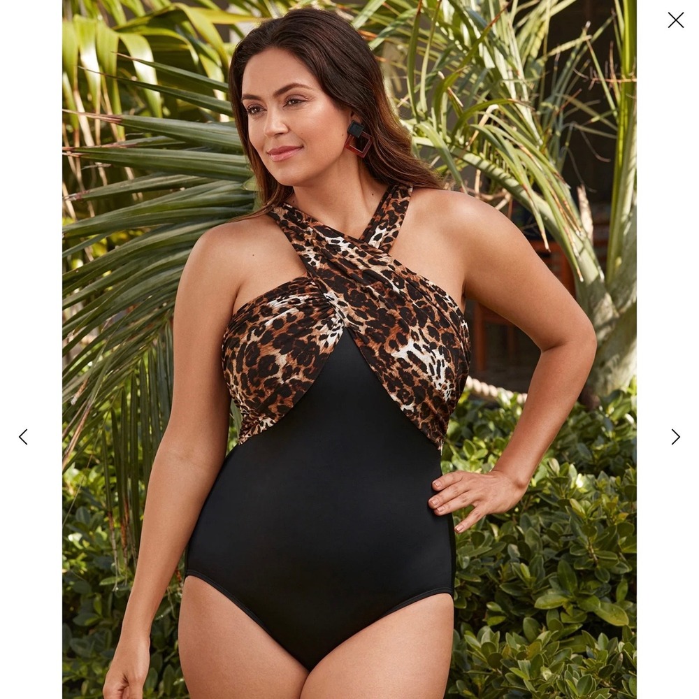 Longitude "CatCall" Swimsuit Crossover Draped One Piece Leopard Print Women's 12